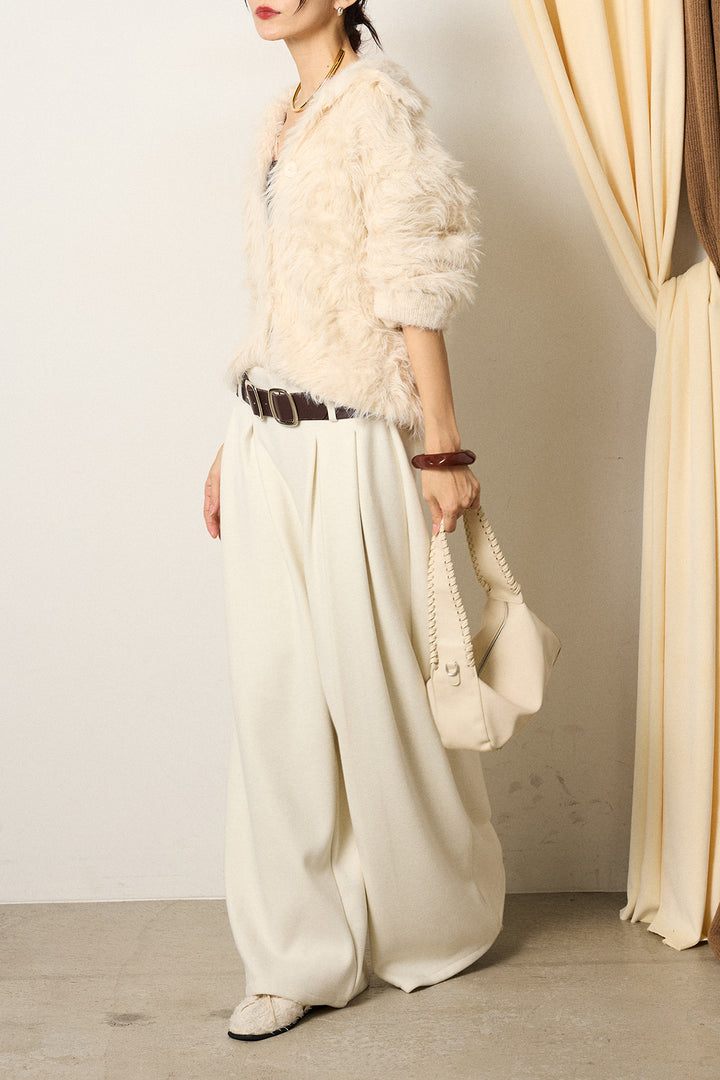 [SET]襟付きシャギーニットカーディガン+フェイクレザー太ベルト付きタックワイドパンツ(2set)