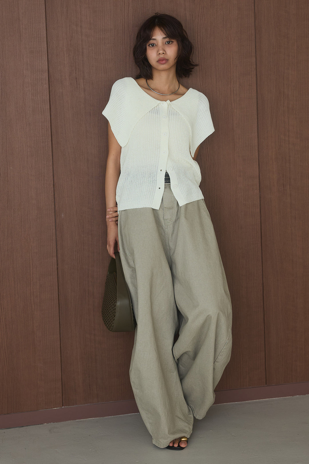 [SET]ビッグカラーボタンニットトップス+ベルト付きカラーデニムパンツ(2set)