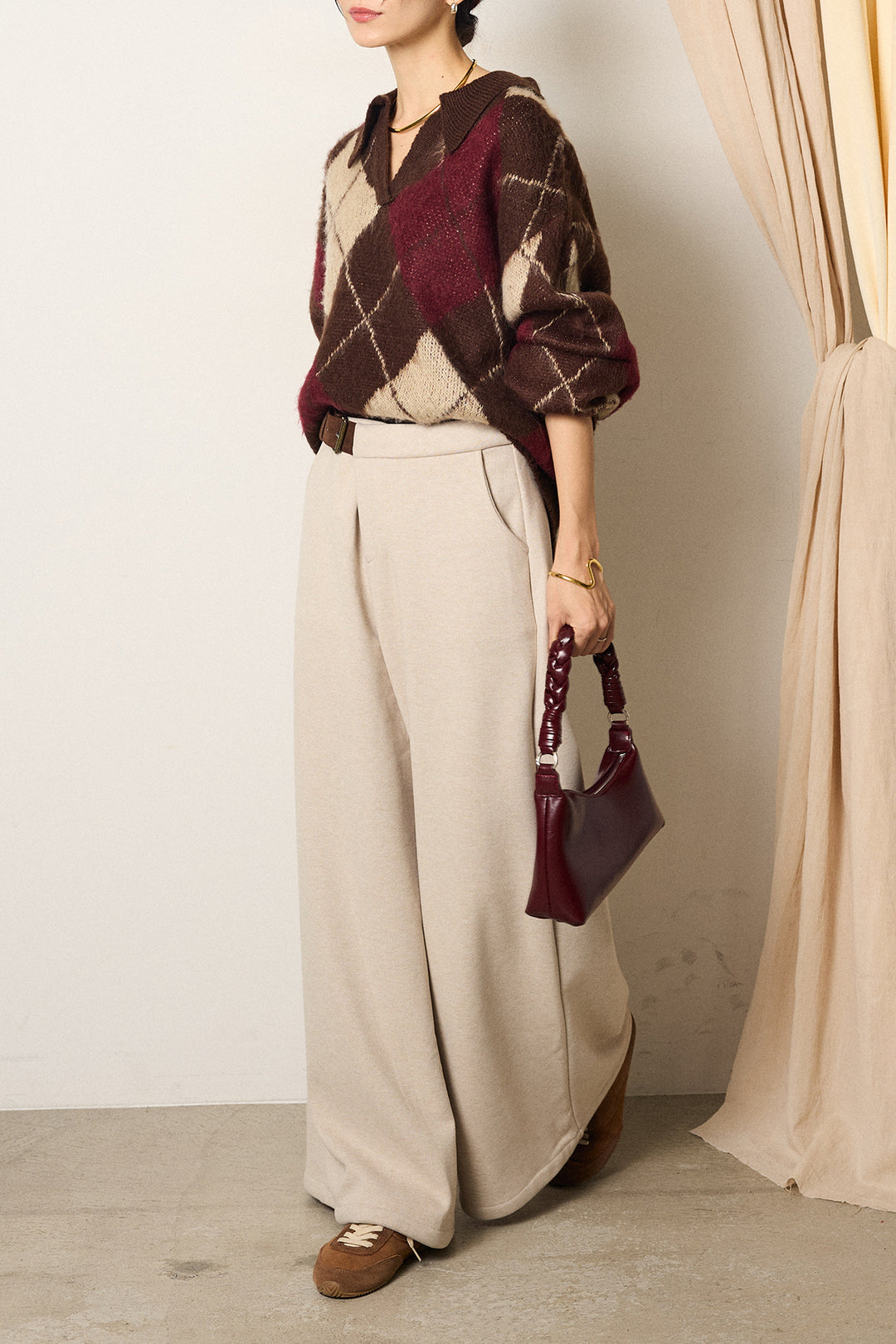 [SET]アクリルモヘアアーガイルキーネックプルオーバー+サイドベルトパンツ(2set)