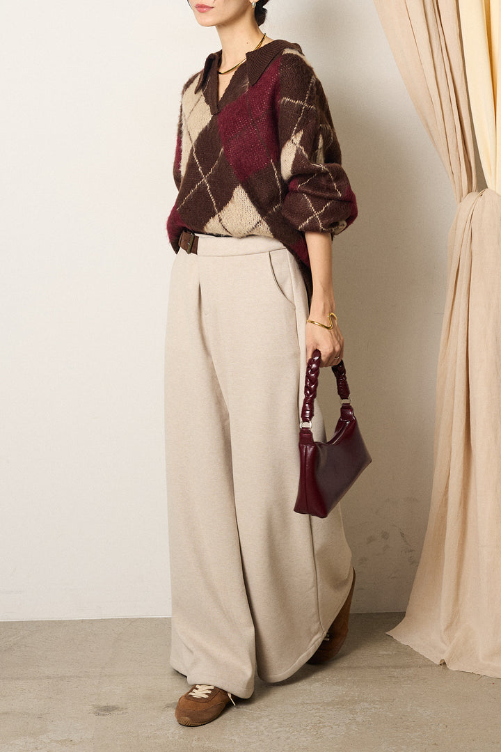 [SET]アクリルモヘアアーガイルキーネックプルオーバー+サイドベルトパンツ(2set)