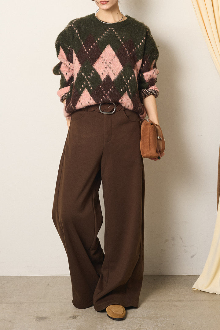 [SET]配色アーガイル柄ニットトップス+編みベルト付きワイドパンツ(2set)