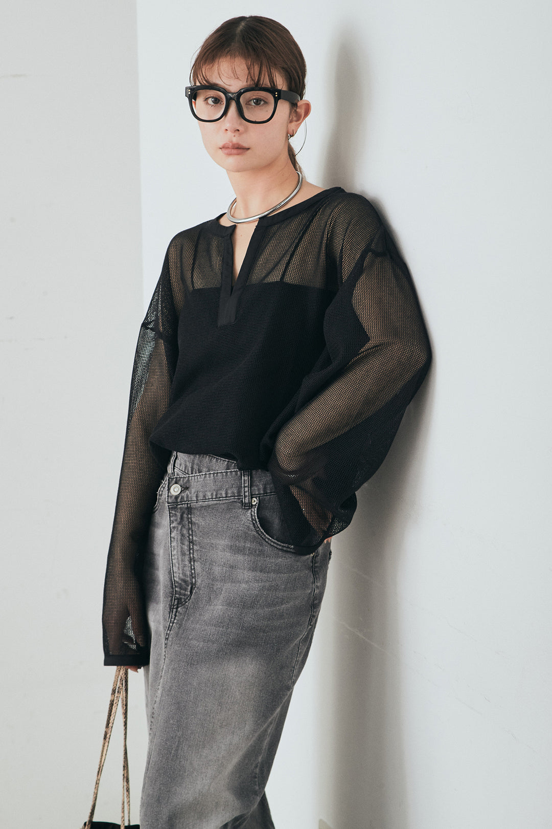 [SET]メッシュカットソースキッパープルオーバー+ウエストクロスデニムタイトスカート(2set)