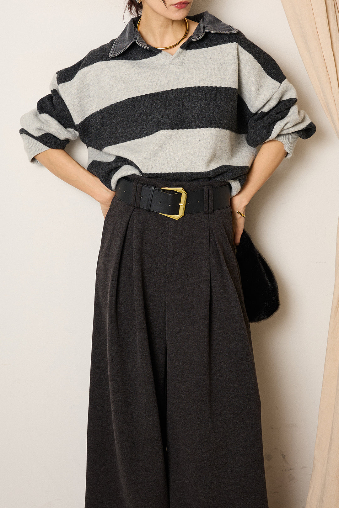 [SET]デニムカラーボーダールーズニット+ゴールドバックル太ベルト付きワイドパンツ(2set)