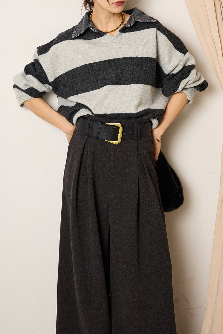 [SET]デニムカラーボーダールーズニット+ゴールドバックル太ベルト付きワイドパンツ(2set)
