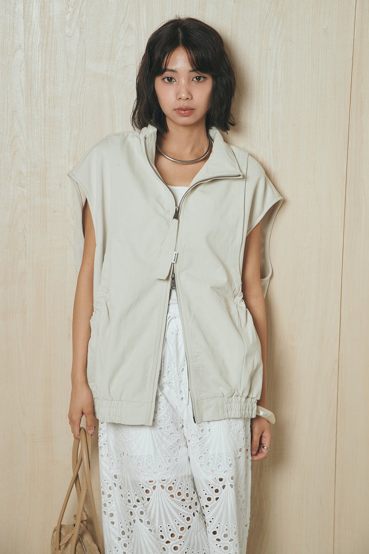 [SET]ショルダー切替スタンドネックジップベスト+レース刺繍リラックスパンツ(2set)