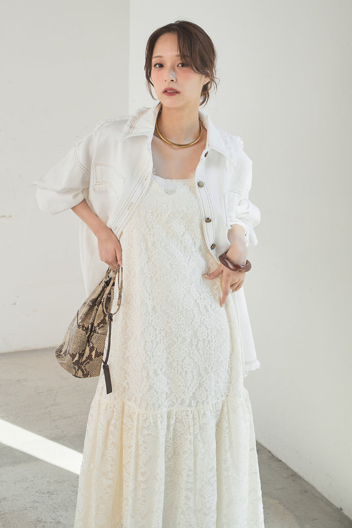 [SET]フリンジデニムジャケット+レース刺繍フレアキャミワンピース(2set)