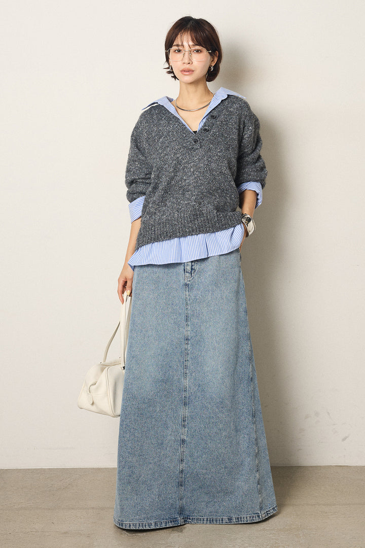 [SET]ストライプシャツドッキングニットポロトップス+デニムロングフレアスカート(2set)