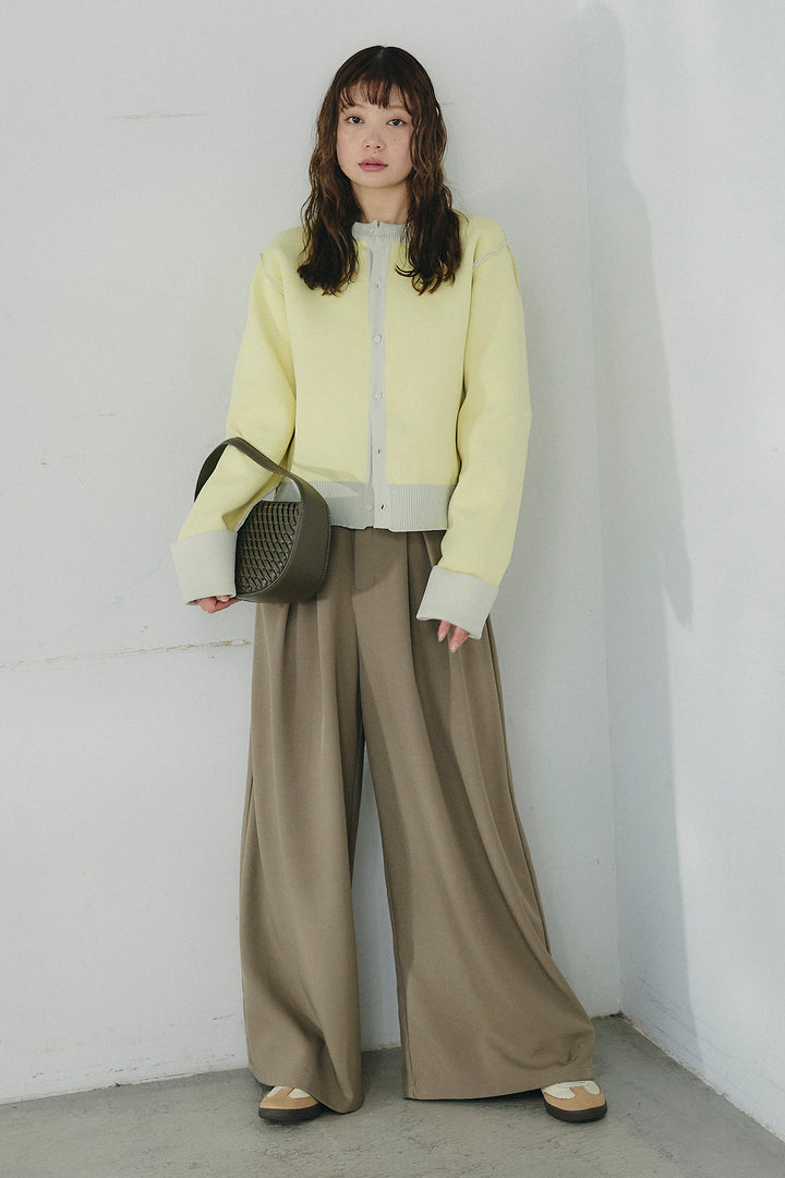 [SET]リバーシブル配色ニットカーディガン+ベルト付きツータックワイドパンツ(2set)