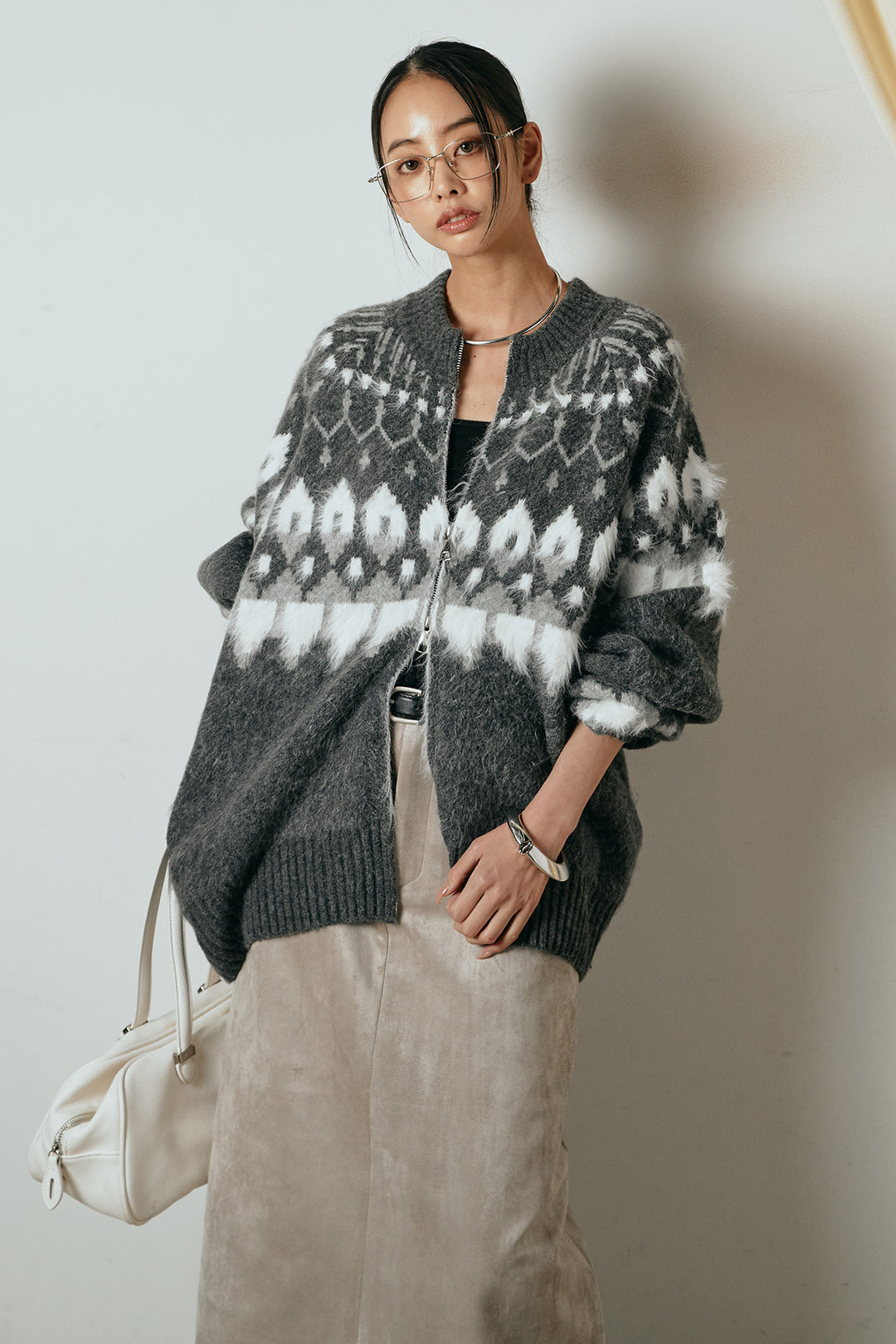 [SET]起毛ダブルジップパターンニットカーディガン+エコスウェードワイドスカート(2set)