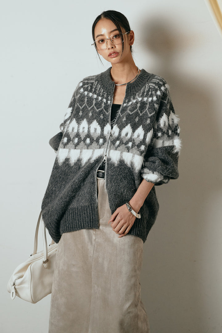 [SET]起毛ダブルジップパターンニットカーディガン+エコスウェードワイドスカート(2set)