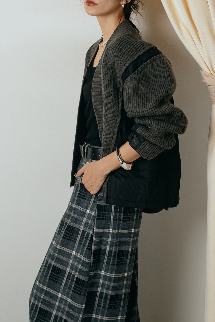 [SET]キルティング切り替えニットカーディガン+ベルト付きタータンチェックカーブワイドパンツ(2set)