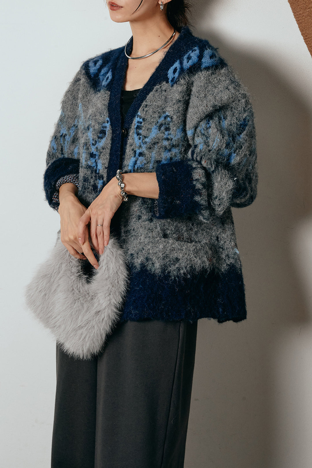 [SET]シャギーニュアンス柄ニットカーディガン+裏起毛スウェットワイドパンツ(2set)