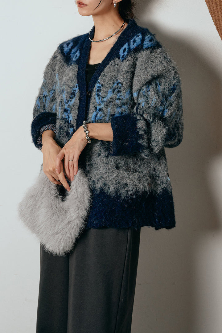 [SET]シャギーニュアンス柄ニットカーディガン+裏起毛スウェットワイドパンツ(2set)