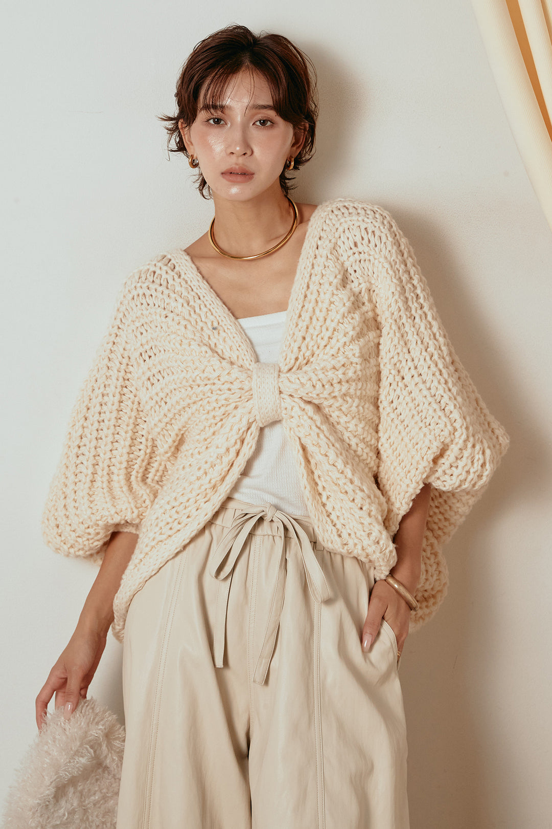 [SET]フロントツイストニット編みトップス+フェイクレザーカーブワイドパンツ(2set)