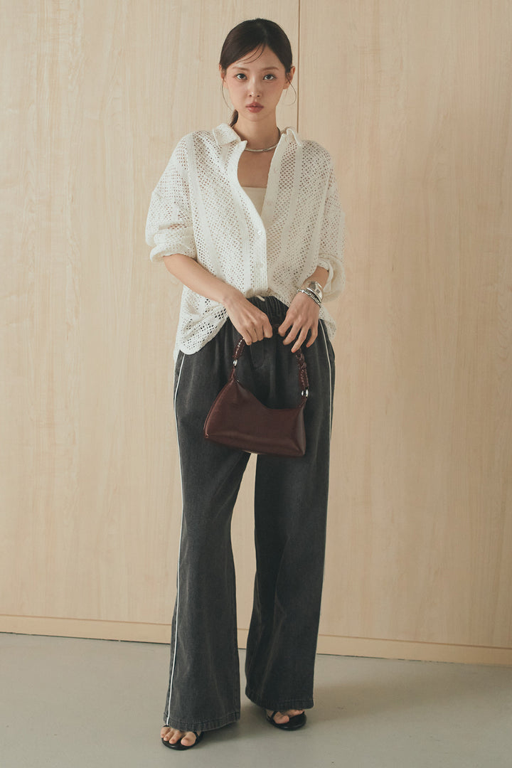 [SET]長袖襟付きレースシャツ+ドロストサイドラインデニムパンツ(2set)