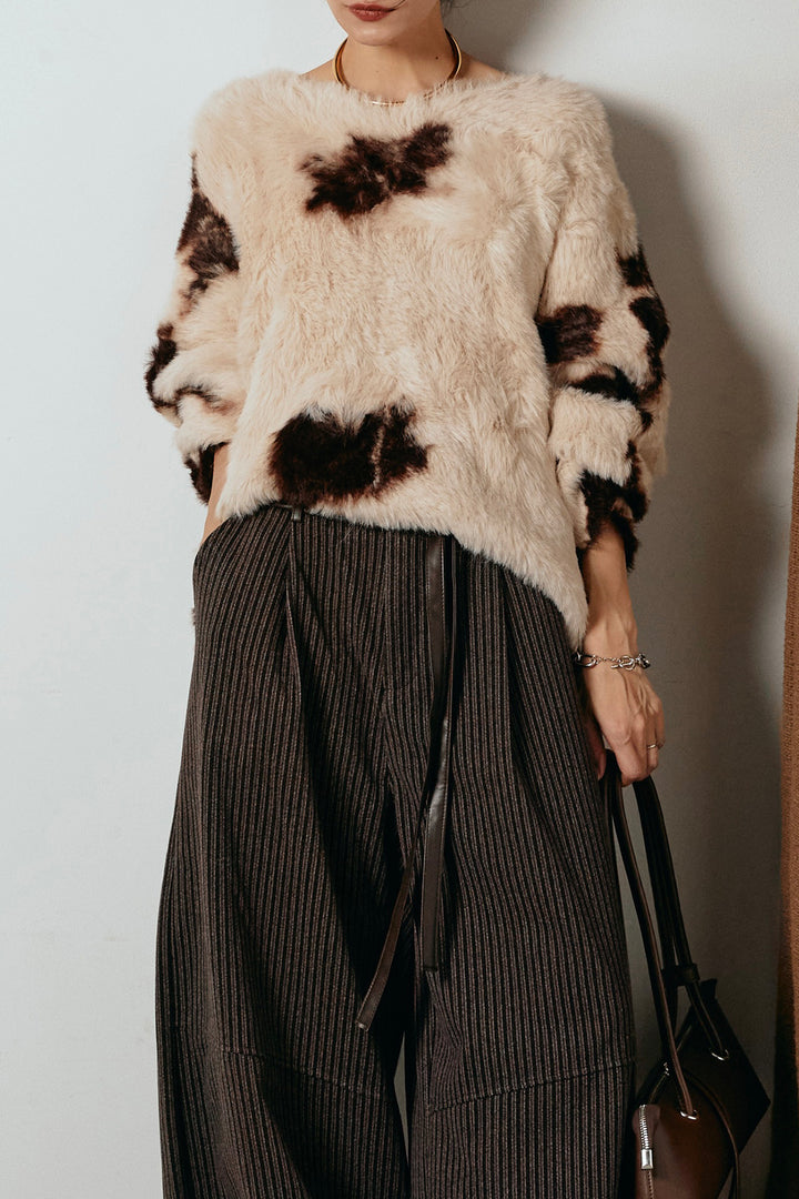 [SET]タイダイ柄シャギーニットトップス+レザーライク配色ストライプパンツ(2set)