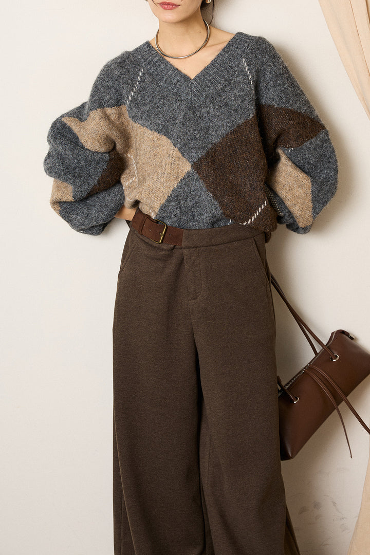 [SET]ルーズアーガイルVネックニット+サイドベルトパンツ(2set)