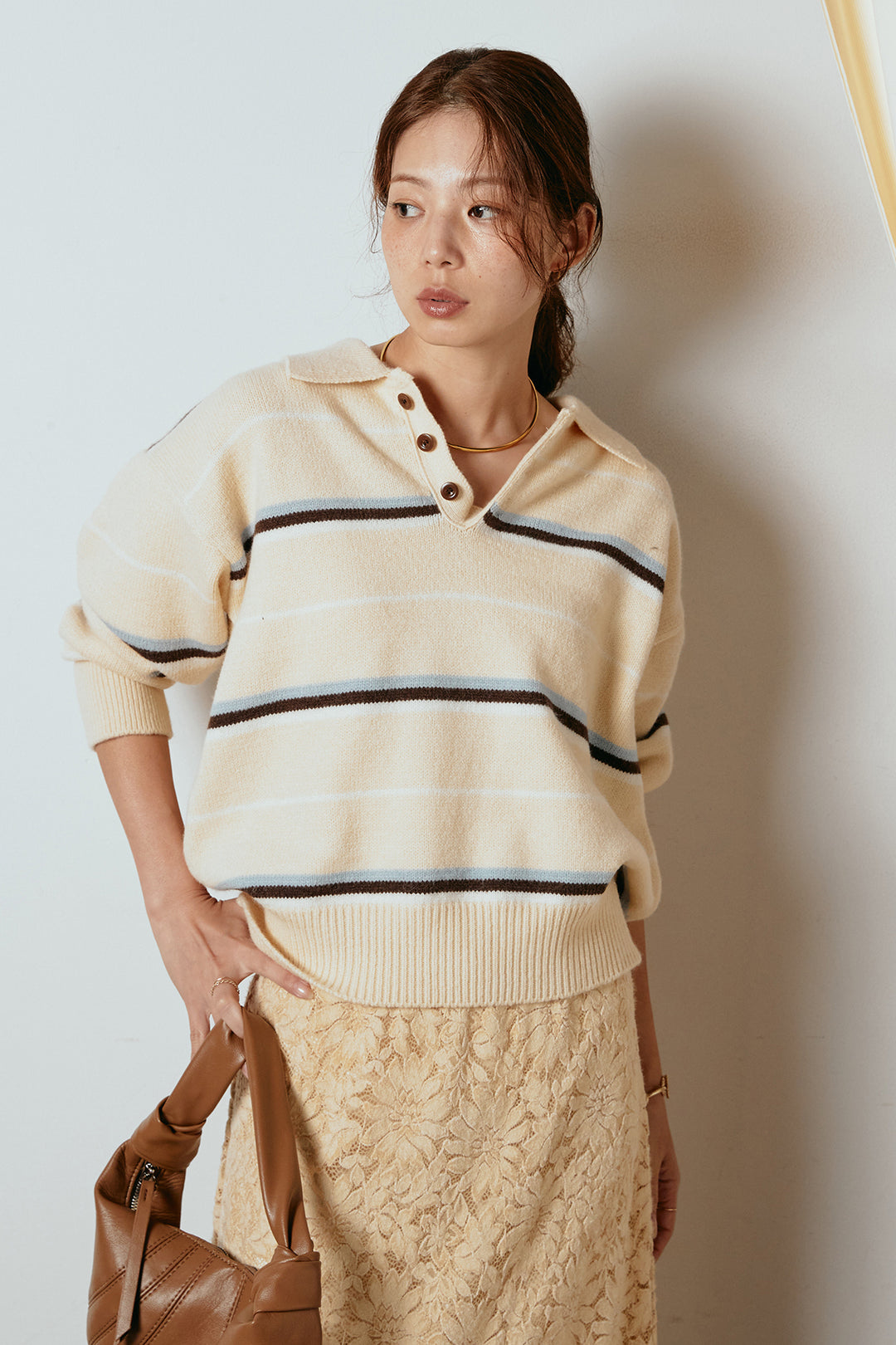 [SET]襟付きマルチボーダーニットポロトップス+花柄刺繍ベロアフレアスカート(2set)