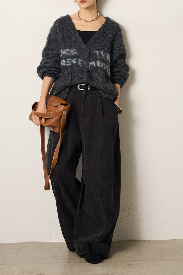 [SET]ウール混透かしロゴニットカーディガン+タック入りコーデュロイワイドパンツ(2set)