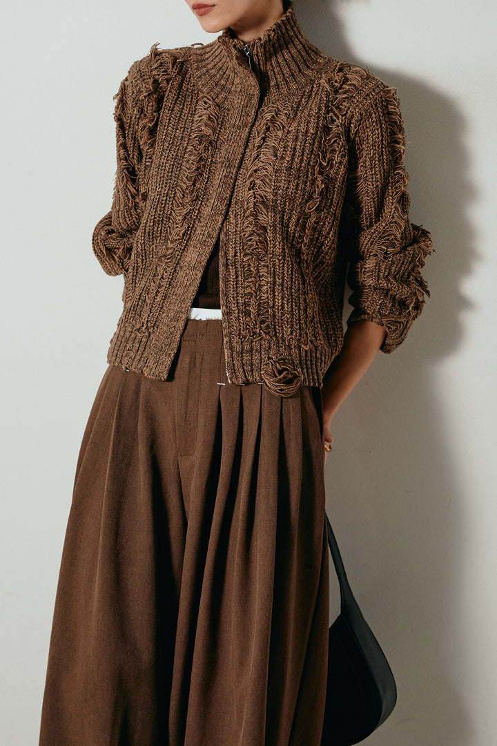 [SET]ハイネックフリンジジップニットトップス+ウエストステッチデザインワイドスラックス(2set)