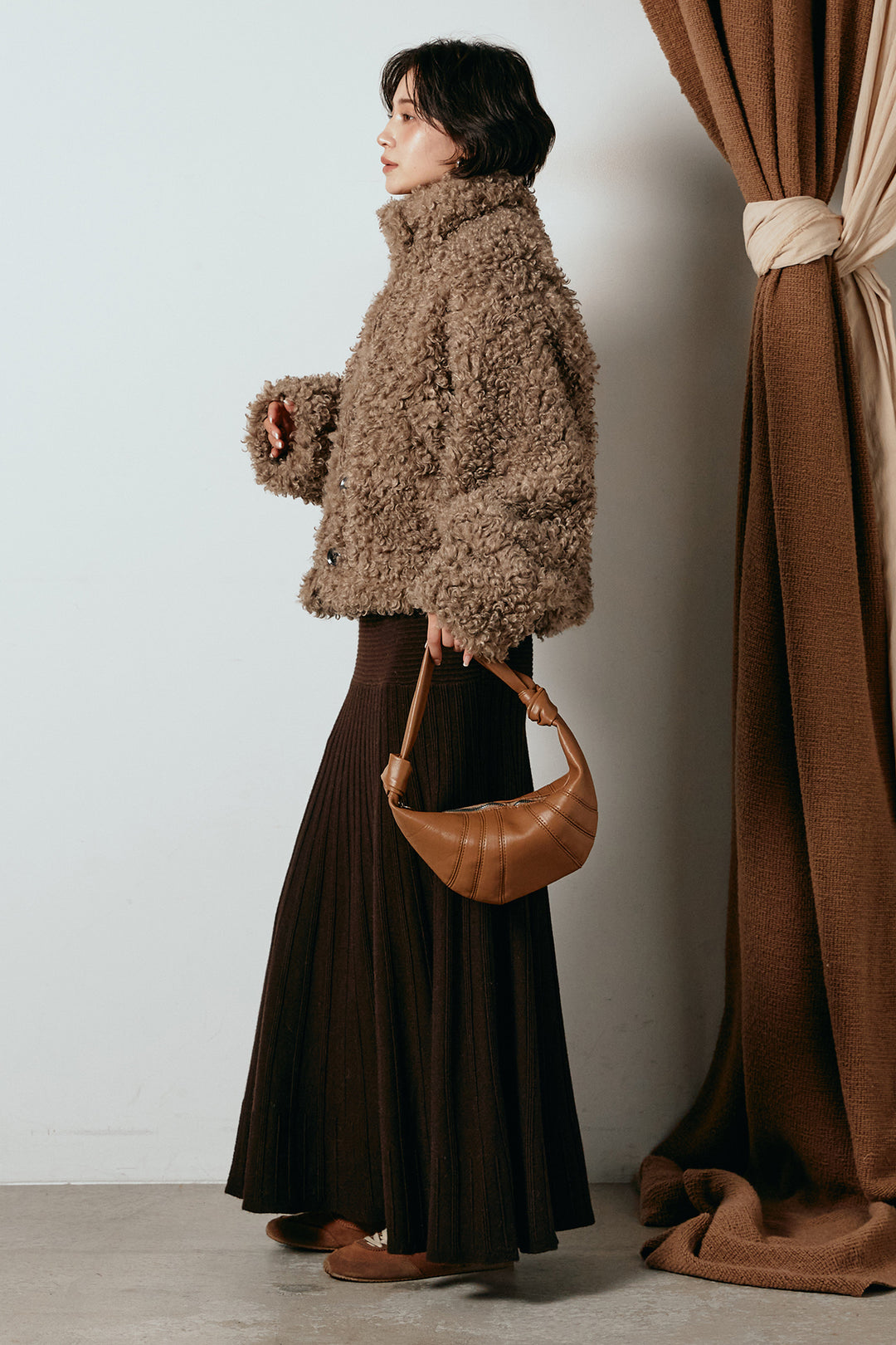 [SET]プードルファーミドルジャケット+編み地切り替えフレアニットスカート(2set)