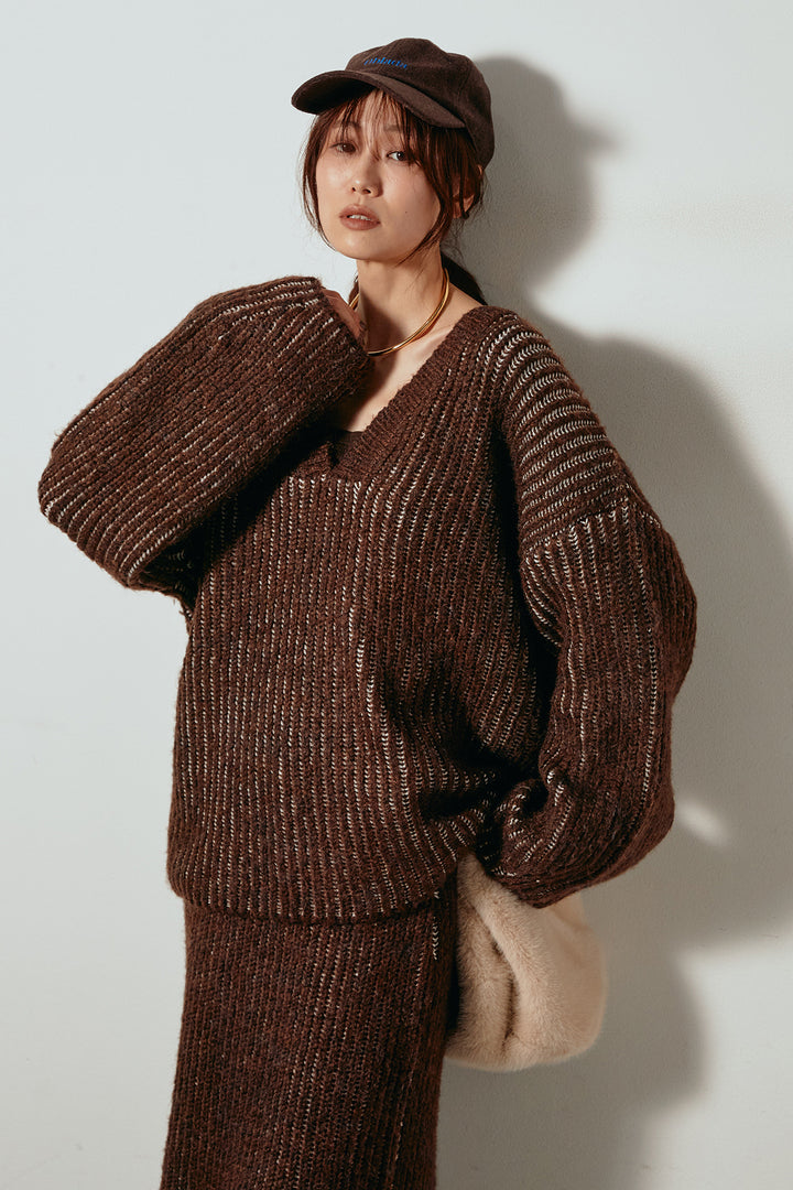 [SET]アルパカタッチ深Vニットトップス+アルパカタッチニットタイトスカート(2set)