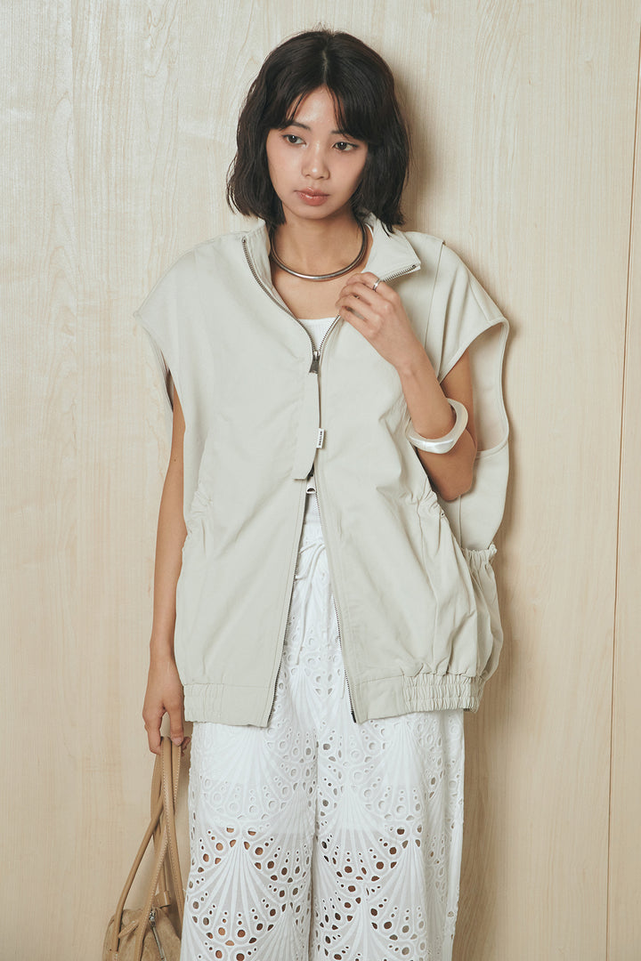 [SET]ショルダー切替スタンドネックジップベスト+レース刺繍リラックスパンツ(2set)