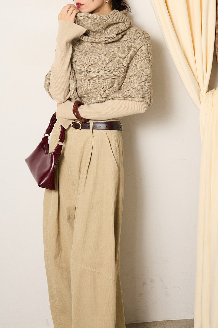 [SET]ケーブル編みケープレイヤードニット+タック入りコーデュロイワイドパンツ(2set)