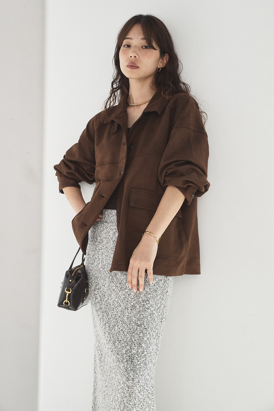 [SET]デカポケスエポンジャケット+ツイード風MIXスラブスカート(2set)