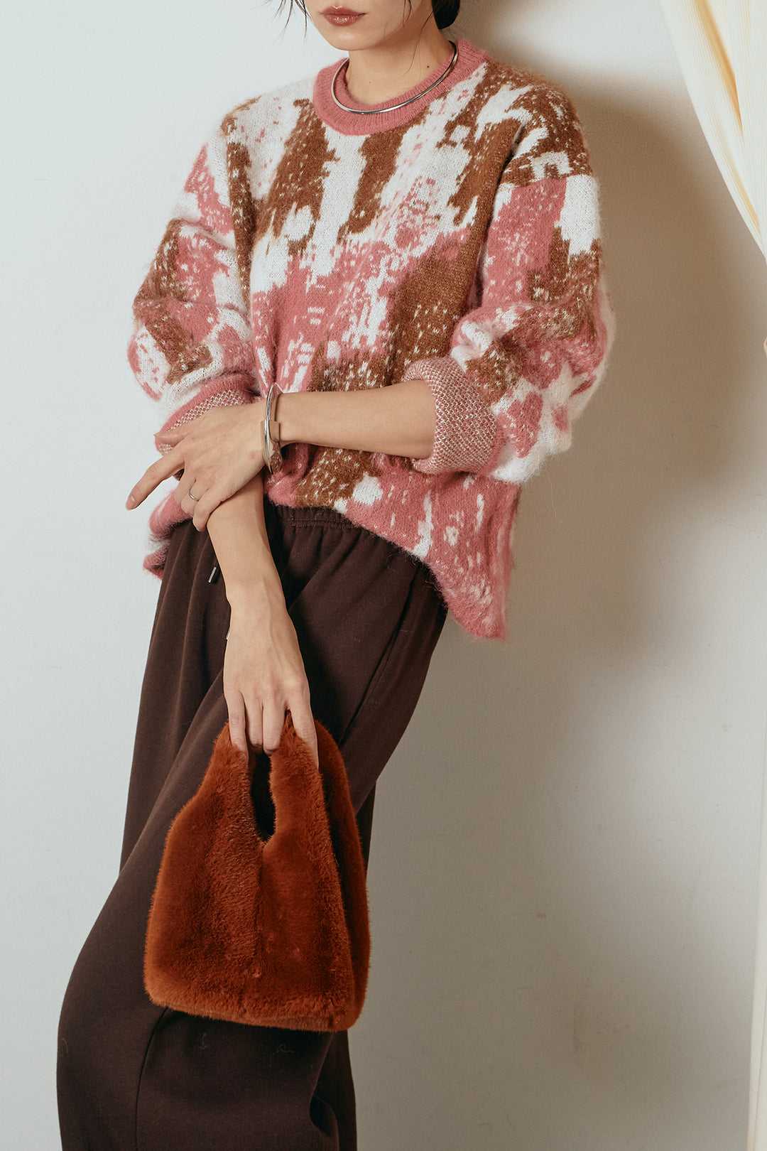 [SET]起毛ニュアンス柄ニットプルオーバー+裏起毛スウェットワイドパンツ(2set)