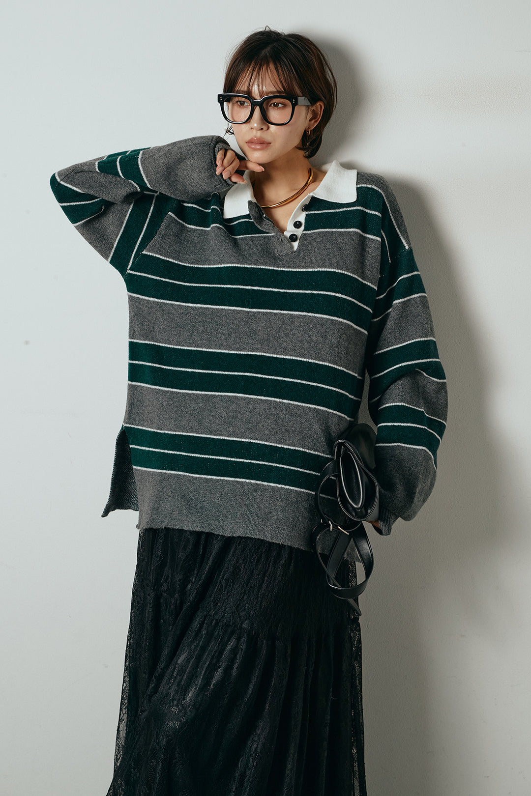 [SET]ラガーニットボーダーポロプルオーバー+ひげレース切替ロング丈スカート(2set)