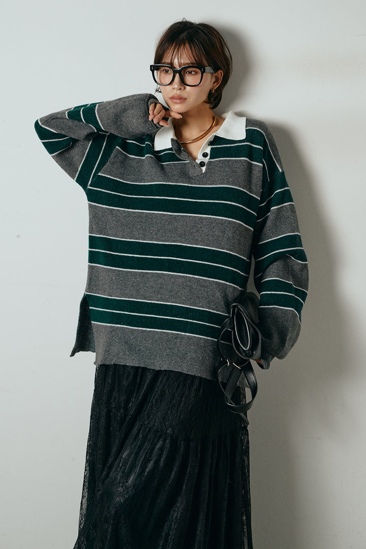 [SET]ラガーニットボーダーポロプルオーバー+ひげレース切替ロング丈スカート(2set)
