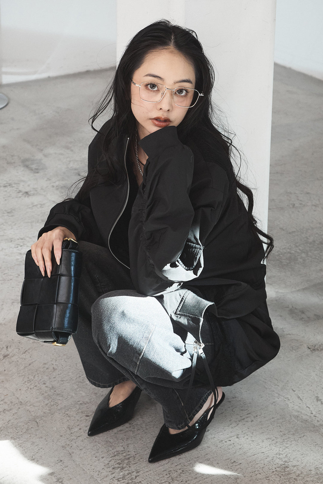 [SET]袖ギャザーデザインブルゾン+デニムアシメカーブパンツ(2set)