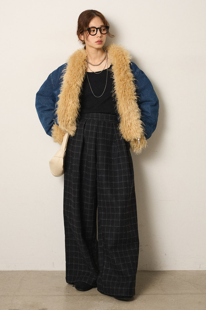 [SET]エコファーデニムボアジャケット+ウールライクチェックタックパンツ(2set)