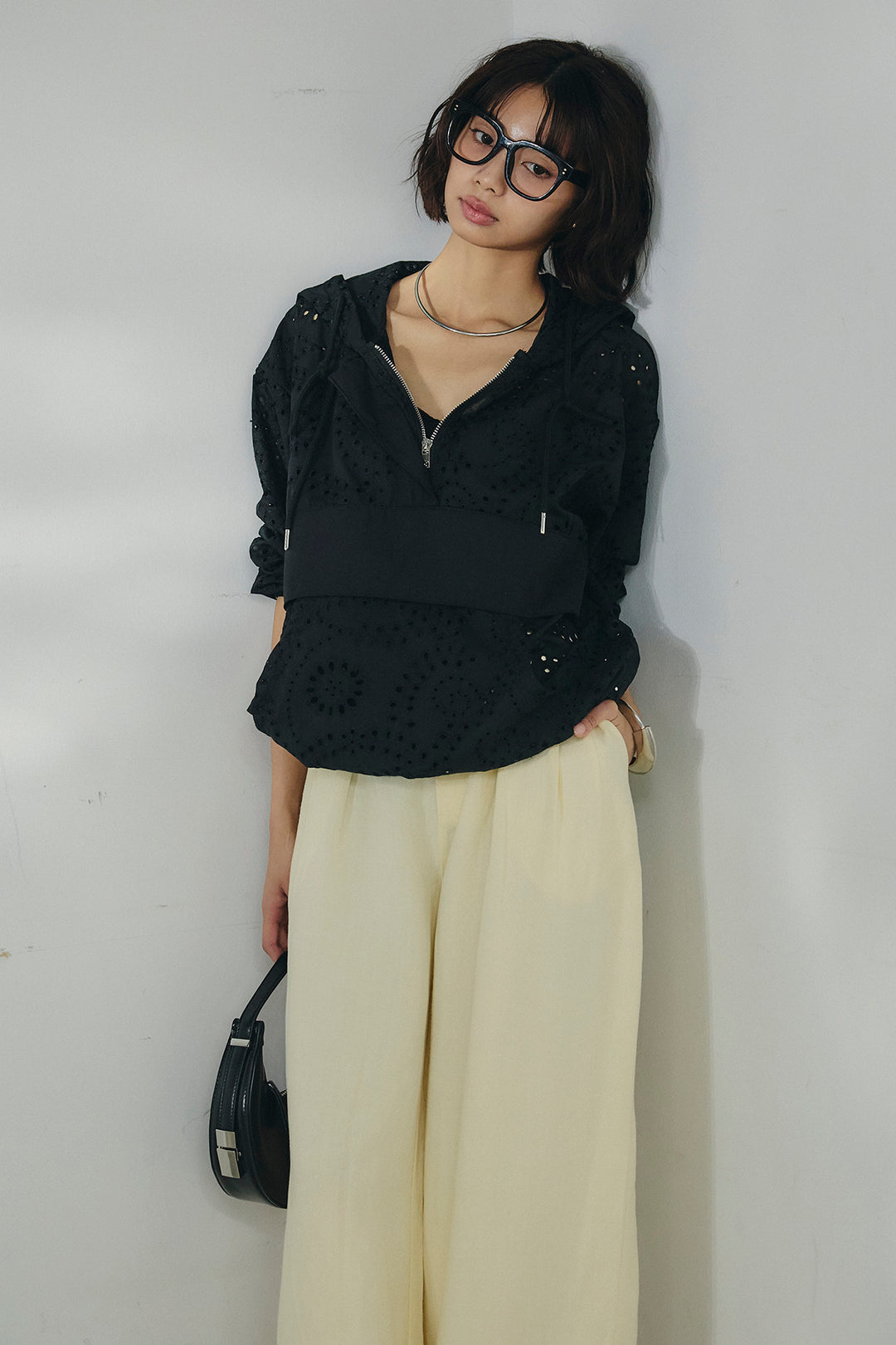 [SET]レースハーフジップアップフーディー+リネン混タックストレートワイドパンツ(2set)