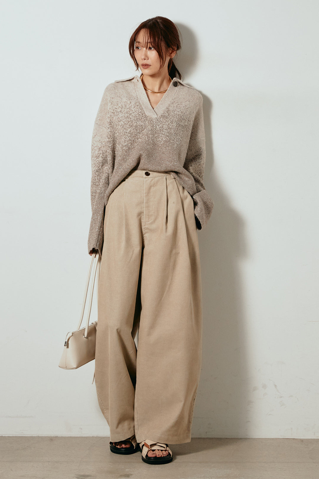 [SET]グラデーションラメニットキーネックプルオーバー+フロントタック入りコーデュロイパンツ(2set)