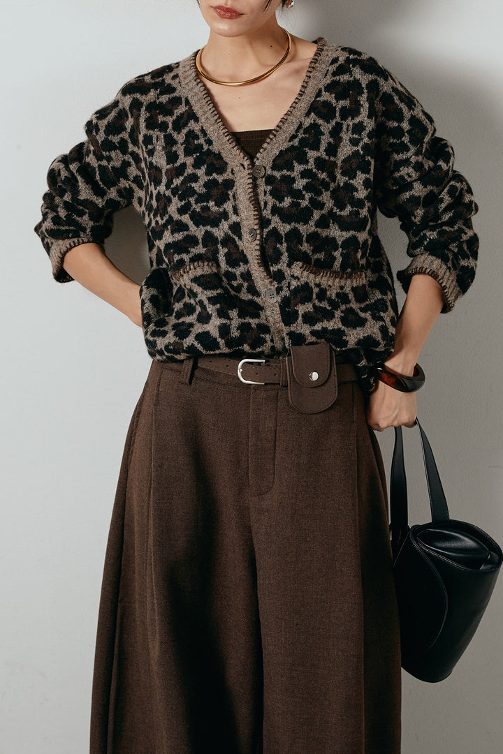 [SET]ステッチデザインレオパードニットカーディガン+ポーチベルト付きカーブパンツ(2set)