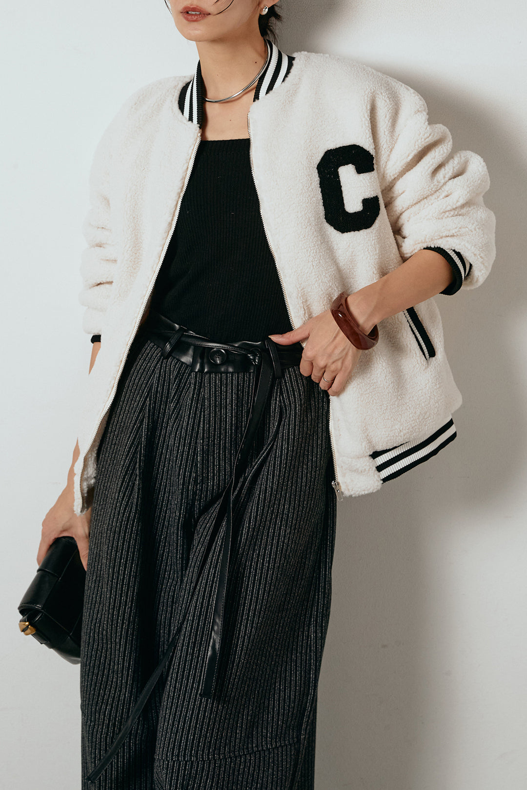 [SET]ロゴスタジャンボアブルゾン+レザーライク配色ストライプパンツ(2set)