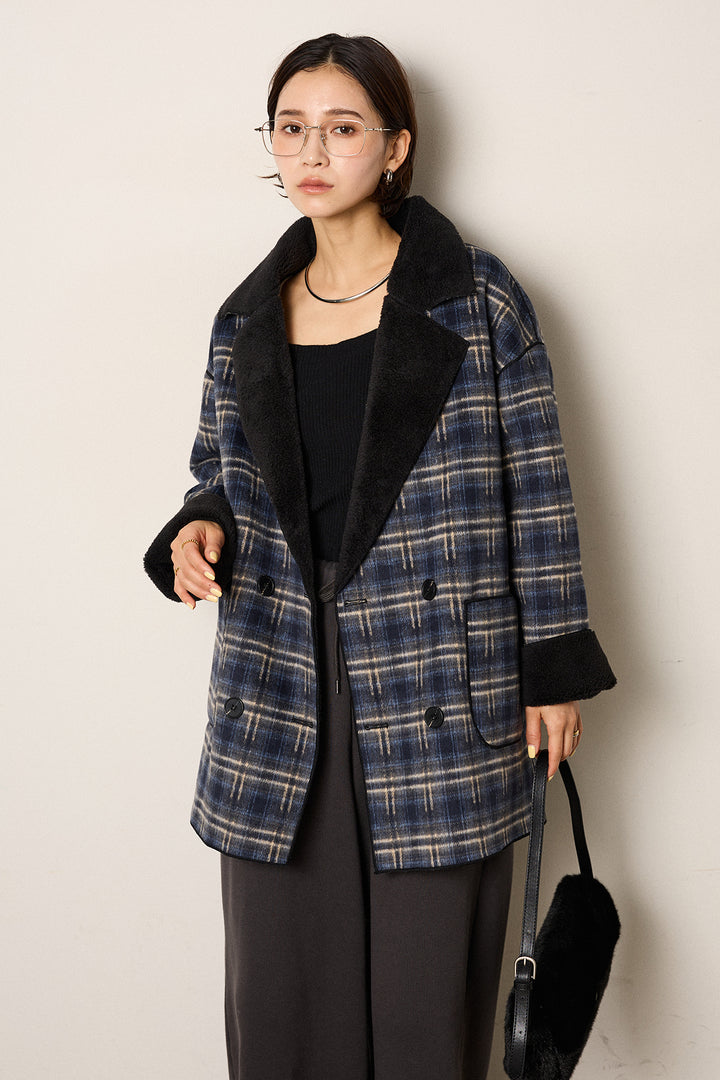 [SET]裏地ボアタータンチェック柄ミディアムコート+裏起毛スウェットワイドパンツ(2set)