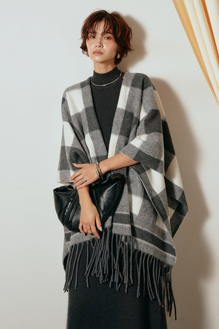 [SET]裾フリンジ柄ポンチョアウター+ノースリーブニットロングワンピース(2set)