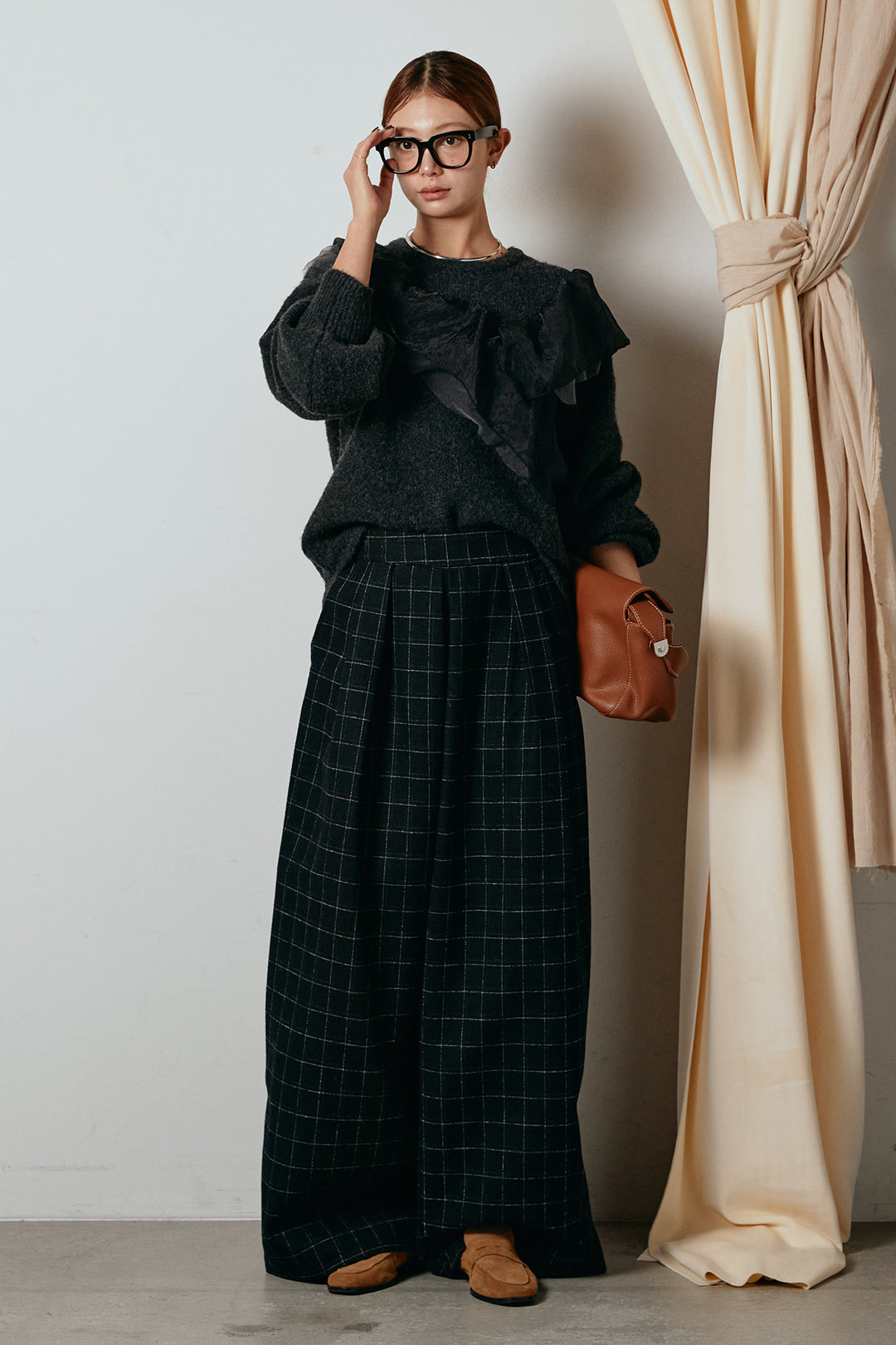 [SET]アシンメトリーフリルニットトップス+ウールライクチェックタックパンツ(2set)