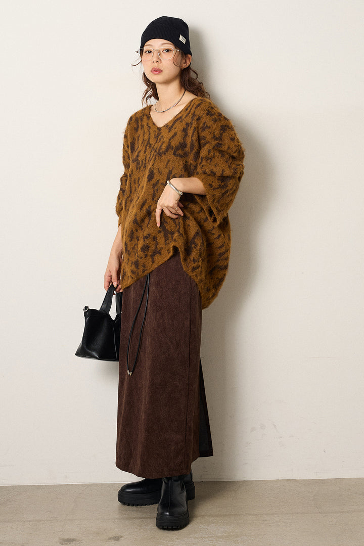 [SET]フラッフィーレオパードシャギーニット+ロープベルト付きスウェード調スカート(2set)