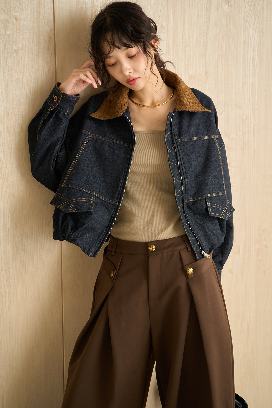 [SET]配色ステッチデニムバルーンブルゾン+サイドボタンタックバレルカーブパンツ(2set)