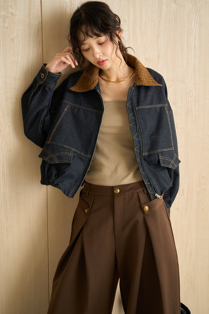 [SET]配色ステッチデニムバルーンブルゾン+サイドボタンタックバレルカーブパンツ(2set)