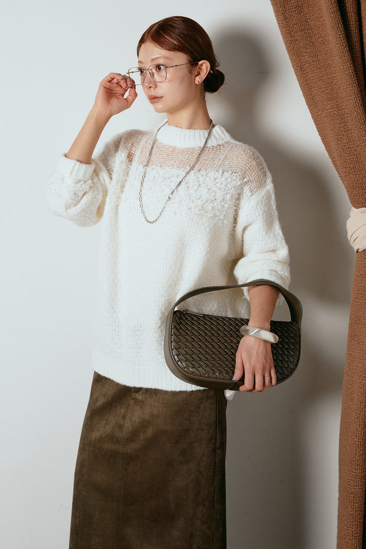 [SET]パターンランダム編みニットトップス+スウェードライク裾フリンジスカート(2set)