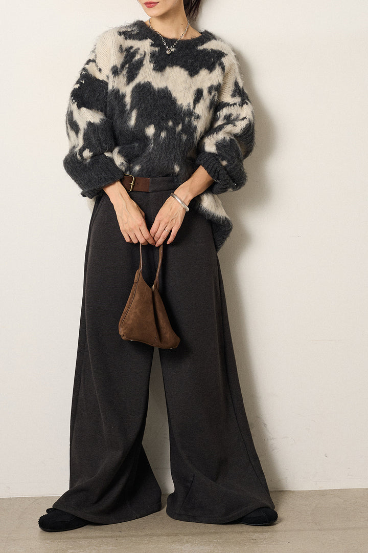 [SET]モヘアタッチマーブルニット+サイドベルトパンツ(2set)