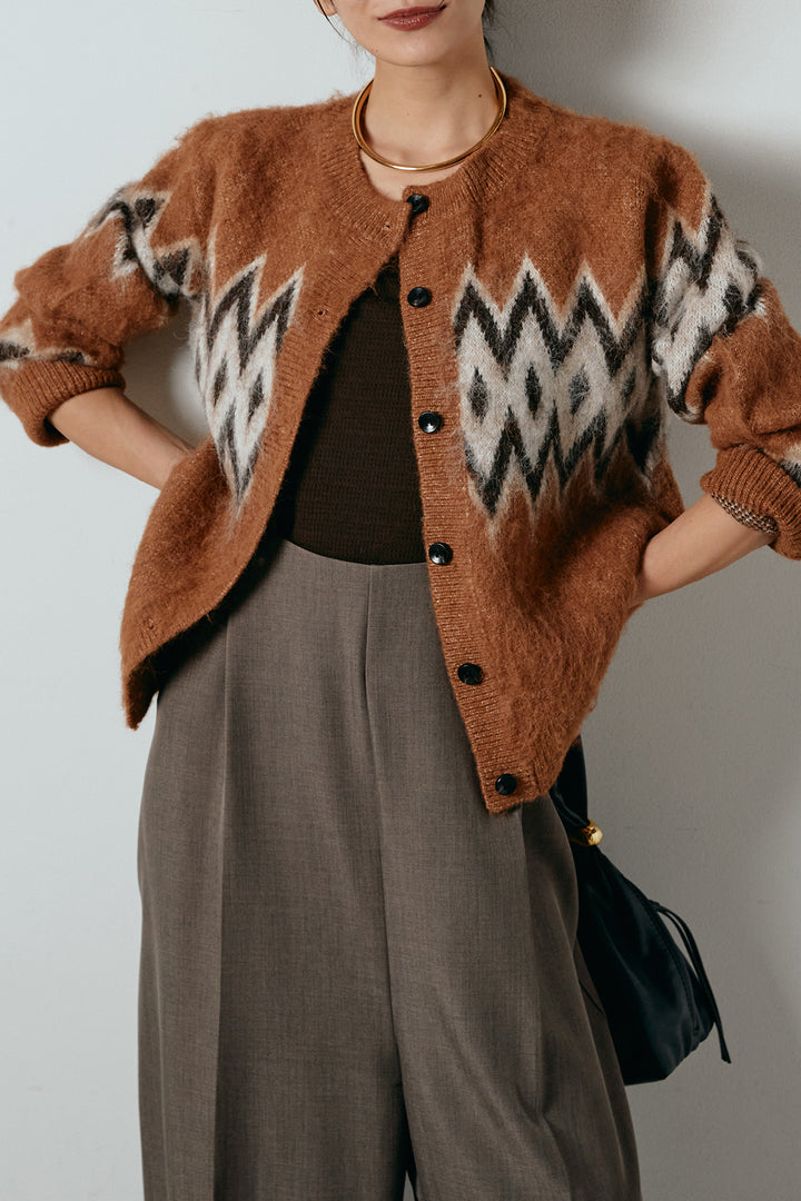 [SET]起毛ノルディック柄ニットカーディガン+ワイドツイルサロペット(2set)