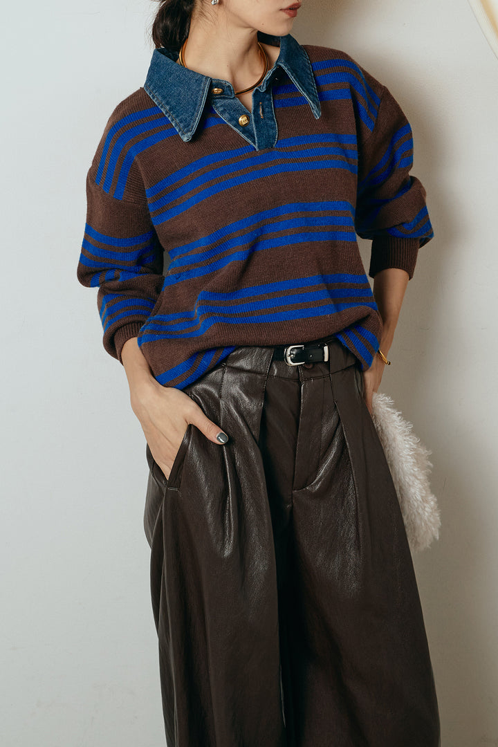 [SET]デニムレイヤード風ランダムボーダーニットプルオーバー+ベルト付きレザーライクタックパンツ(2set)