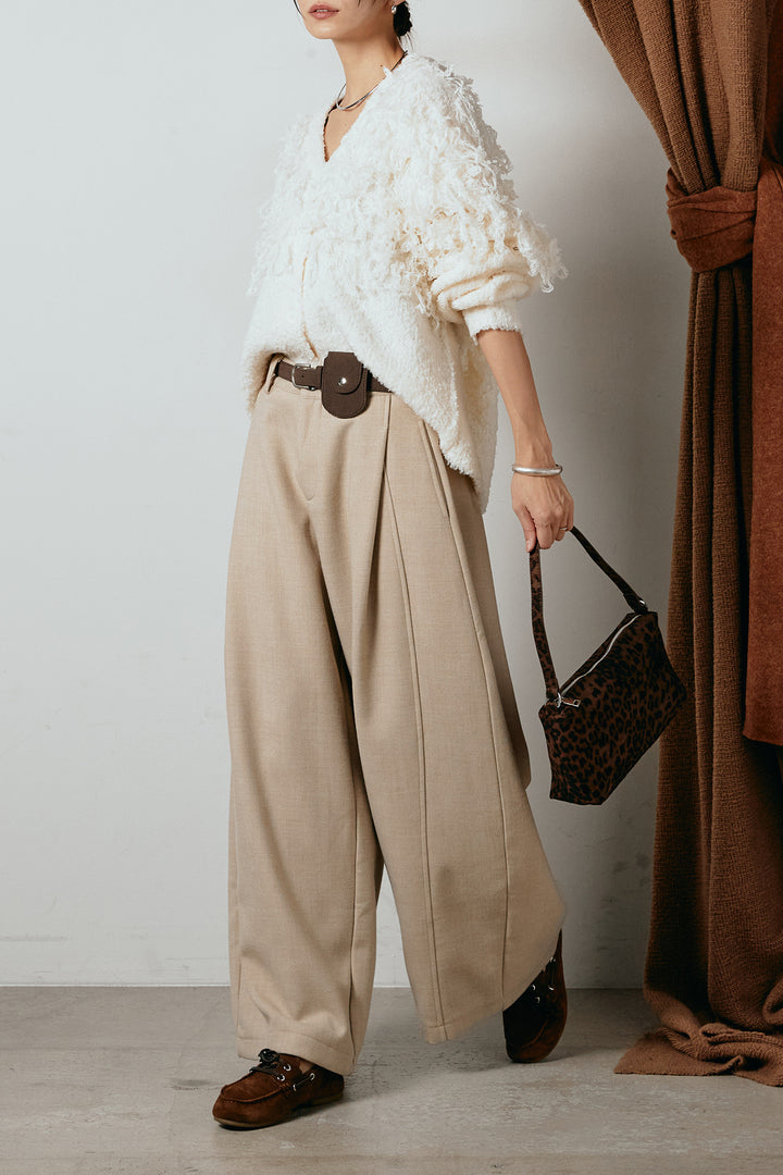 [SET]ループ編みVネックニットカーディガン+ポーチベルト付きカーブパンツ(2set)