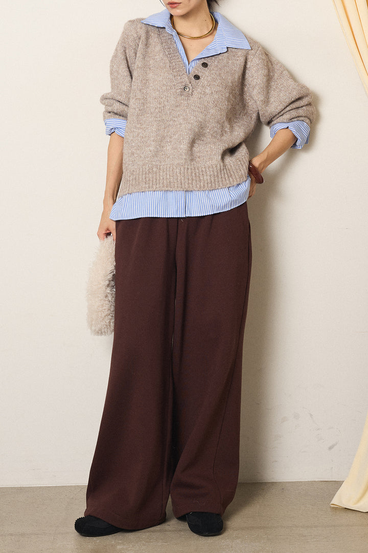 [SET]ストライプシャツドッキングニットポロトップス+裏起毛スウェットワイドパンツ(2set)